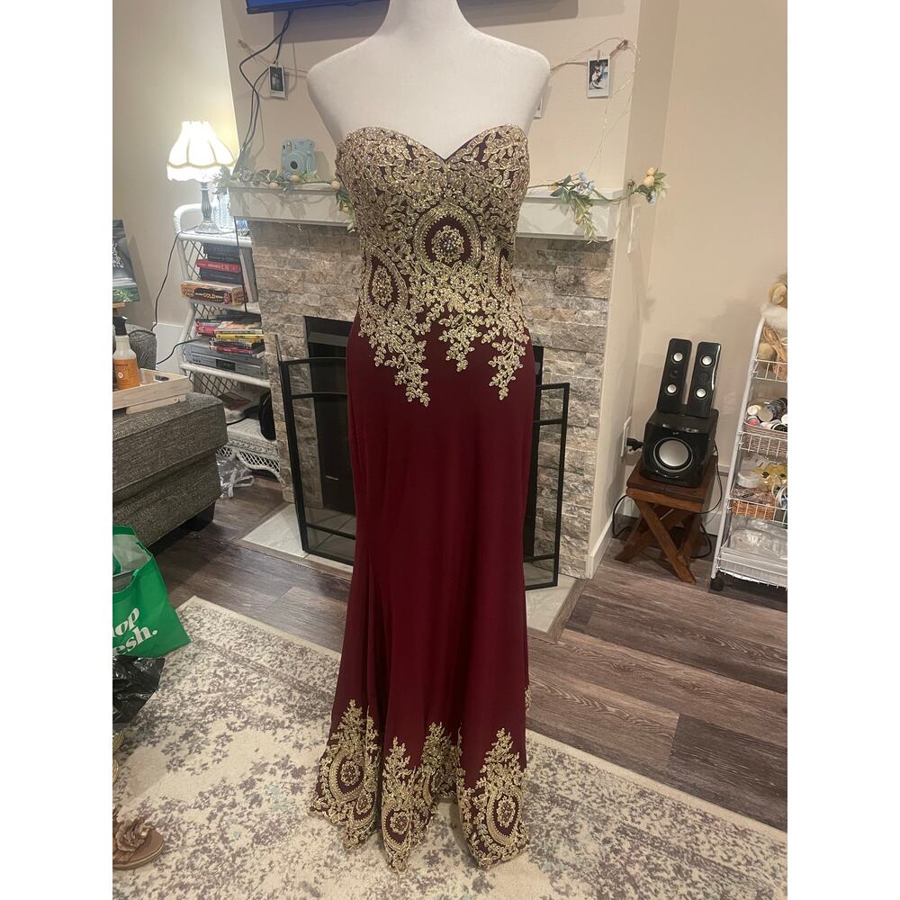 burgundy and gold dancing queen prom dress
